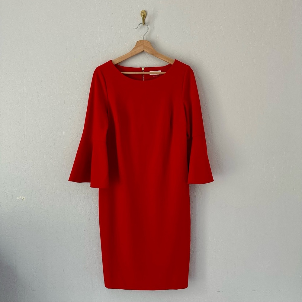 Calvin Klein Red Sheath Dress with Bell Sleeves